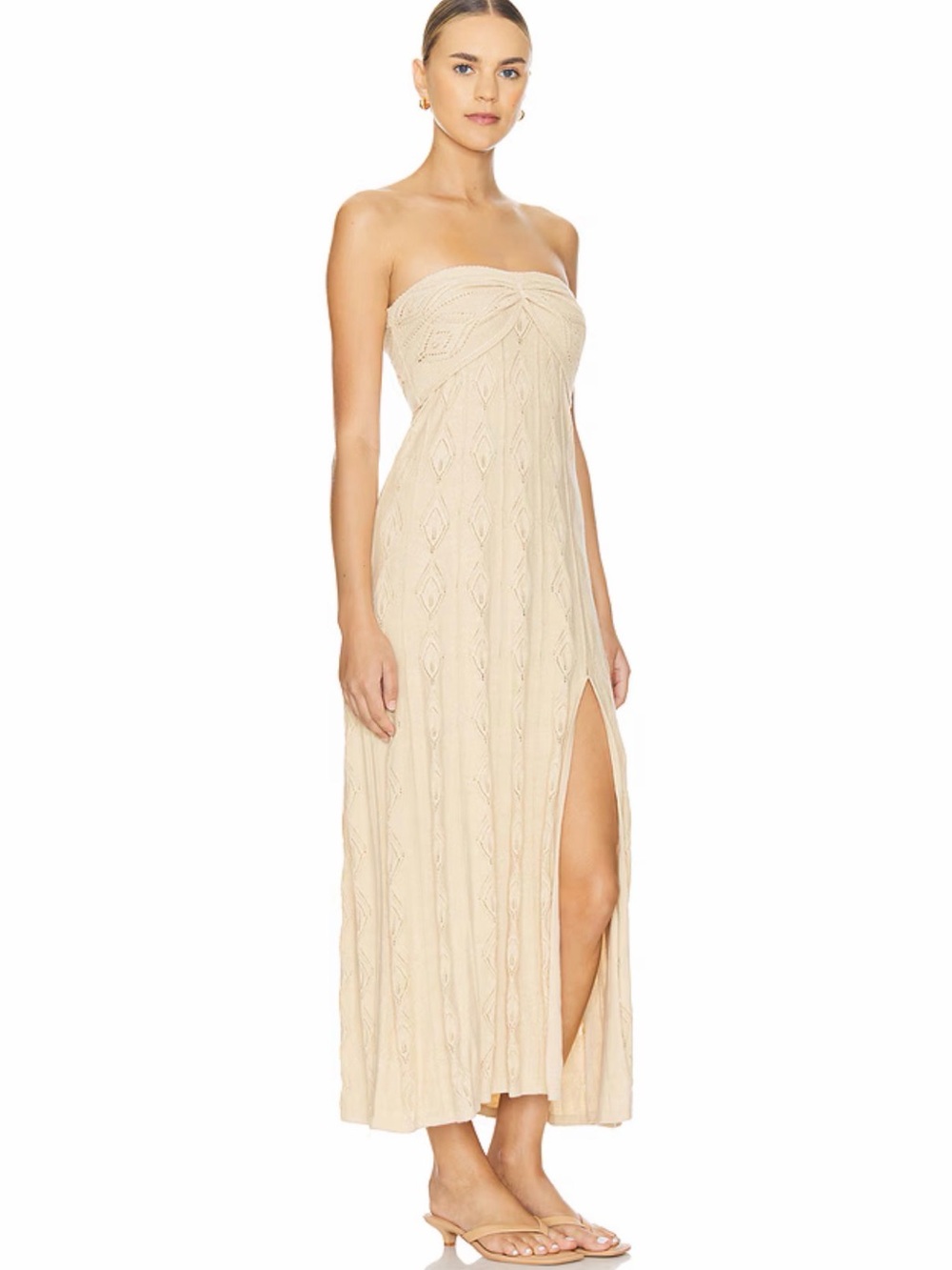 Misa Los Angeles Aicha Strapless Cream Knit Maxi Dress with Side Slit - Picture 2 of 3